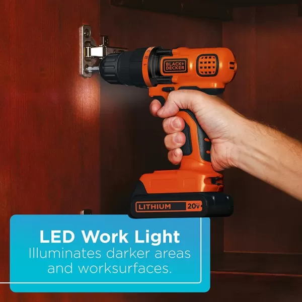 BLACK+DECKER 20V MAX Cordless Drill and Driver, 3/8 Inch, With LED Work Light, Battery and Charger Included 