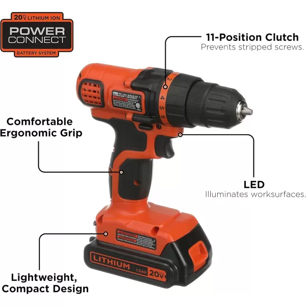 BLACK+DECKER 20V MAX Cordless Drill and Driver, 3/8 Inch, With LED Work Light, Battery and Charger Included 