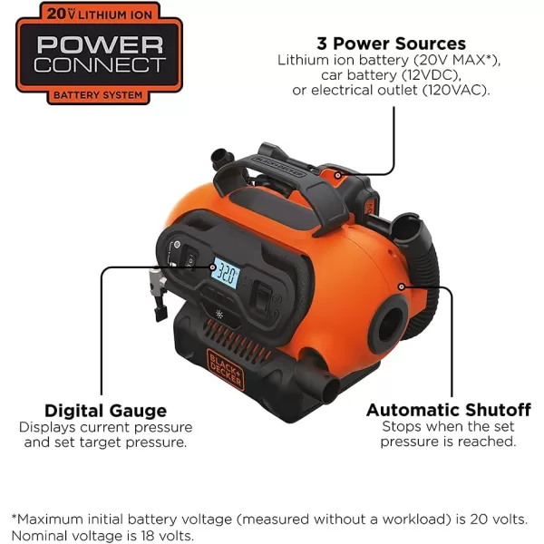 BLACK+DECKER 20V MAX* Inflator, Portable Air Compressor, 3 Modes: Cordless, 120V Corded, and 12V Car Adapter, Air Pump, Battery Sold Separately 