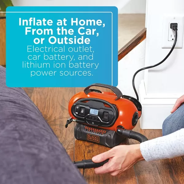 BLACK+DECKER 20V MAX* Inflator, Portable Air Compressor, 3 Modes: Cordless, 120V Corded, and 12V Car Adapter, Air Pump, Battery Sold Separately 