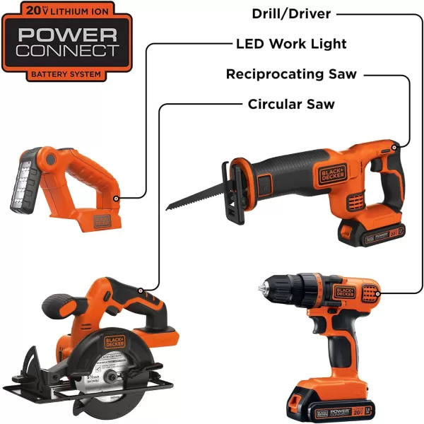 BLACK+DECKER 20V MAX Power Tool Combo Kit, 4-Tool Cordless Power Tool Set with 2 Batteries and Charger 
