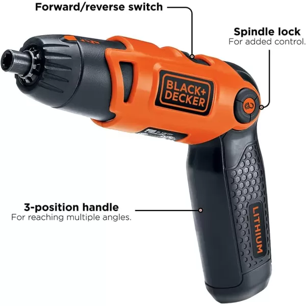 BLACK+DECKER Electric Screwdriver, Cordless, 180 RPM, 3.6V, Spindle Lock with Pivoting Handle, Charger and 2 Hex Shank Bits Included 
