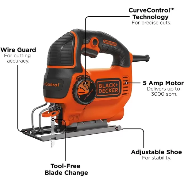 BLACK+DECKER Jig Saw, 5-Amp, 3,000 Blade Speed, 45 Degree Beveled Cuts, ¾-Inch Orbital Blade, 4 Curve Settings, Corded 