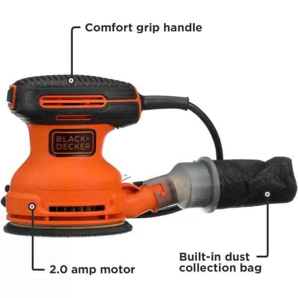 BLACK+DECKER Orbital Sander, 5 Inch, 2.0 Amp, 12000 OPM, Corded, 1 Sandpaper Sheet and Dust Bag Included 