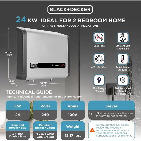 BLACK+DECKER Tankless Electric Water Heater 18kW 240 Volt 3.7GPM, Self-Modulating Multi-Application Unit for Small Homes or Apartments, Hot Water on Demand, Digital Temperature Display