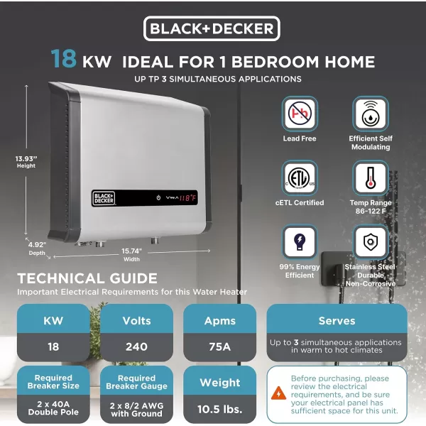 BLACK+DECKER Tankless Electric Water Heater 18kW 240 Volt 3.7GPM, Self-Modulating Multi-Application Unit for Small Homes or Apartments, Hot Water on Demand, Digital Temperature Display