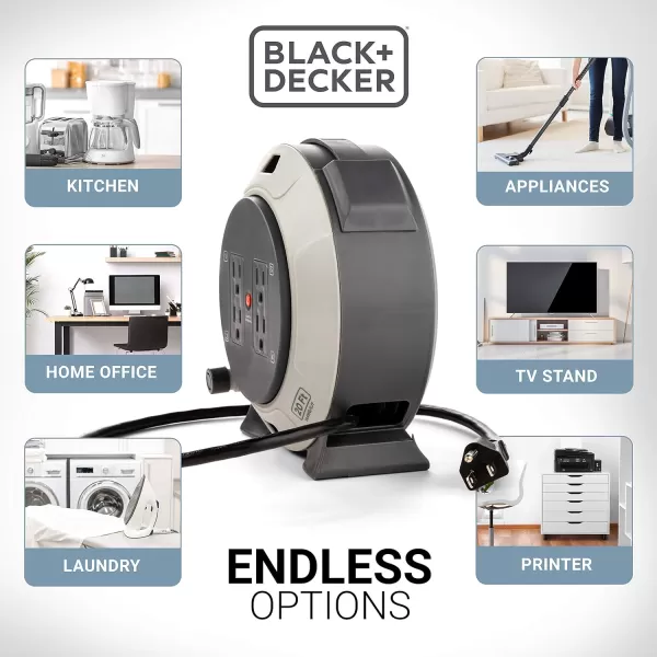 BLACK+DECKER 25 Ft. Retractable Extension Cord Reel With 4 Outlets, 2 USB Ports, Multi-Plug Extension, On/Off Switch &amp; Heavy-Duty 16AWG SJT Cable