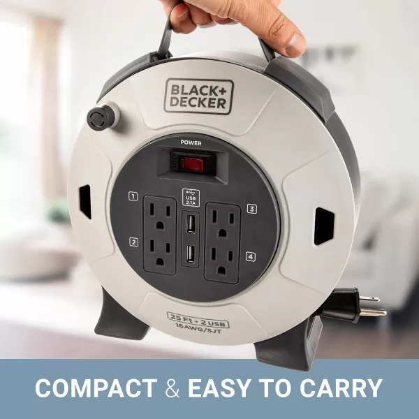 BLACK+DECKER 25 Ft. Retractable Extension Cord Reel With 4 Outlets, 2 USB Ports, Multi-Plug Extension, On/Off Switch &amp; Heavy-Duty 16AWG SJT Cable