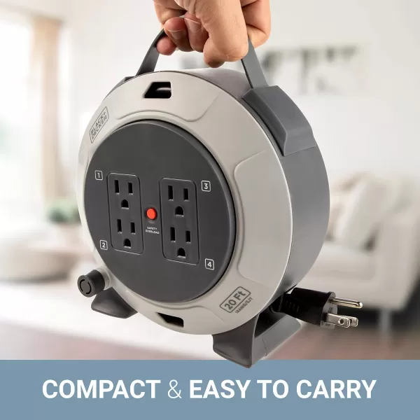 BLACK+DECKER 25 Ft. Retractable Extension Cord Reel With 4 Outlets, 2 USB Ports, Multi-Plug Extension, On/Off Switch &amp; Heavy-Duty 16AWG SJT Cable