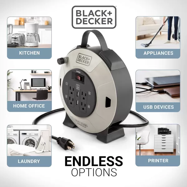 BLACK+DECKER 25 Ft. Retractable Extension Cord Reel With 4 Outlets, 2 USB Ports, Multi-Plug Extension, On/Off Switch &amp; Heavy-Duty 16AWG SJT Cable