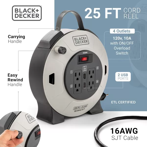 BLACK+DECKER 25 Ft. Retractable Extension Cord Reel With 4 Outlets, 2 USB Ports, Multi-Plug Extension, On/Off Switch &amp; Heavy-Duty 16AWG SJT Cable
