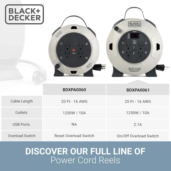 BLACK+DECKER 25 Ft. Retractable Extension Cord Reel With 4 Outlets, 2 USB Ports, Multi-Plug Extension, On/Off Switch &amp; Heavy-Duty 16AWG SJT Cable