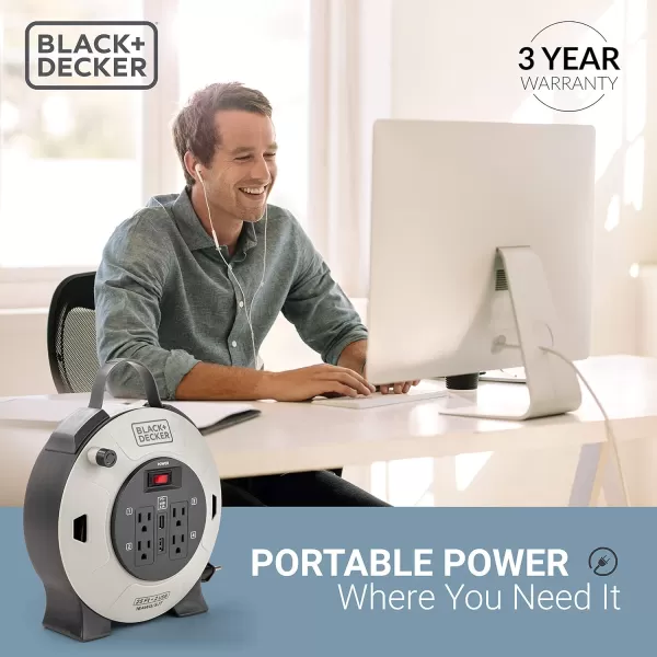 BLACK+DECKER 25 Ft. Retractable Extension Cord Reel With 4 Outlets, 2 USB Ports, Multi-Plug Extension, On/Off Switch &amp; Heavy-Duty 16AWG SJT Cable