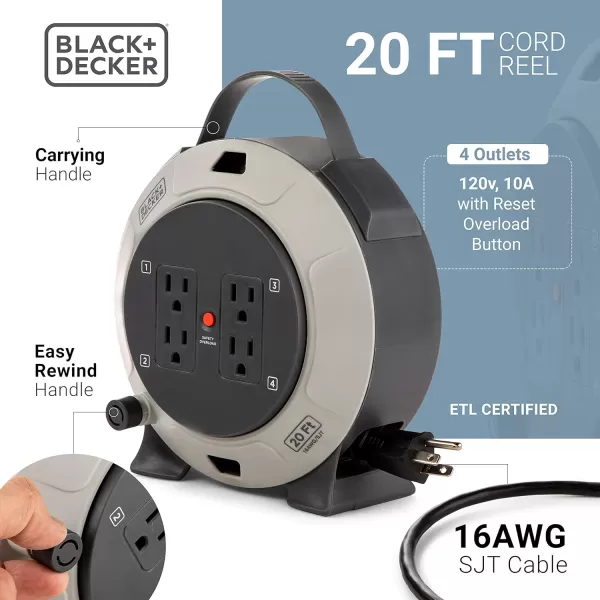BLACK+DECKER 25 Ft. Retractable Extension Cord Reel With 4 Outlets, 2 USB Ports, Multi-Plug Extension, On/Off Switch &amp; Heavy-Duty 16AWG SJT Cable