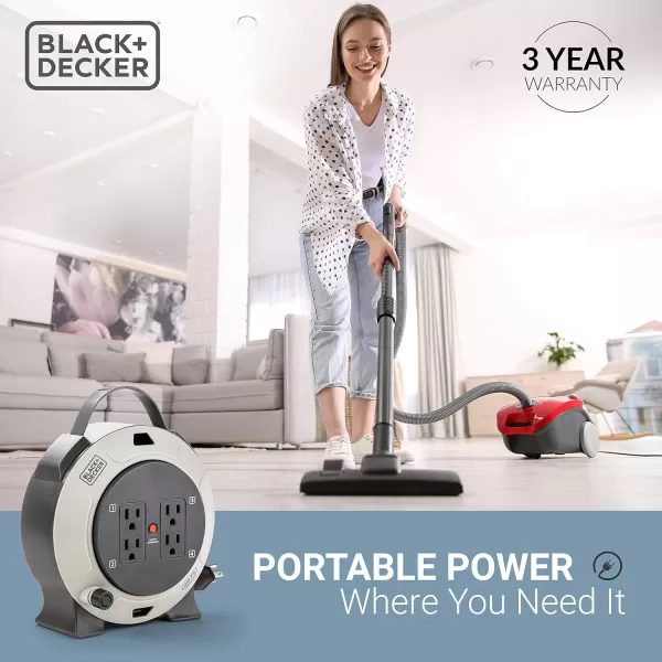 BLACK+DECKER 25 Ft. Retractable Extension Cord Reel With 4 Outlets, 2 USB Ports, Multi-Plug Extension, On/Off Switch &amp; Heavy-Duty 16AWG SJT Cable