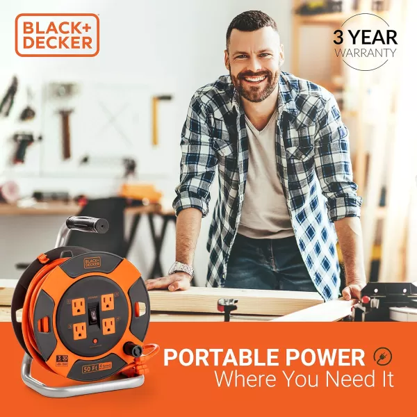 BLACK+DECKER 50 Ft. Retractable Extension Cord Reel With 4 Outlets, Multi-Plug Extension, Easy Handle Rewind &amp; Heavy-Duty 14AWG SJTW Cable