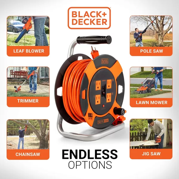 BLACK+DECKER 50 Ft. Retractable Extension Cord Reel With 4 Outlets, Multi-Plug Extension, Easy Handle Rewind &amp; Heavy-Duty 14AWG SJTW Cable