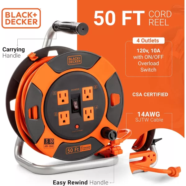 BLACK+DECKER 50 Ft. Retractable Extension Cord Reel With 4 Outlets, Multi-Plug Extension, Easy Handle Rewind &amp; Heavy-Duty 14AWG SJTW Cable