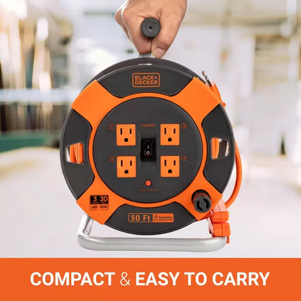 BLACK+DECKER 50 Ft. Retractable Extension Cord Reel With 4 Outlets, Multi-Plug Extension, Easy Handle Rewind &amp; Heavy-Duty 14AWG SJTW Cable