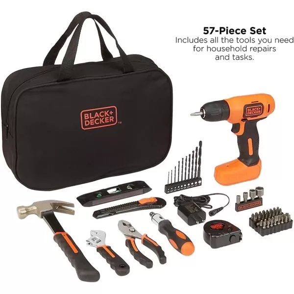 BLACK+DECKER 8V Drill &amp; Home Tool Kit, 57 Piece 