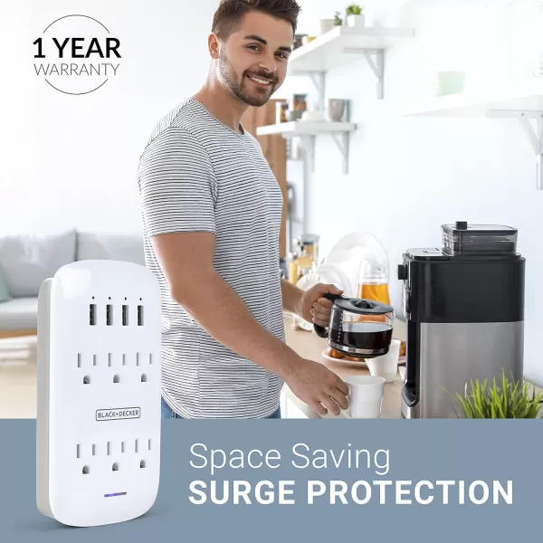 BLACK+DECKER Surge Protector Wall Mount with 6 Grounded Outlets, 2 Pack, White - Compact Power Adapter Tap with Indicator Light, Automatic Shutdown - 3-Prong Power Outlet Plug for Bathroom, Bedroom