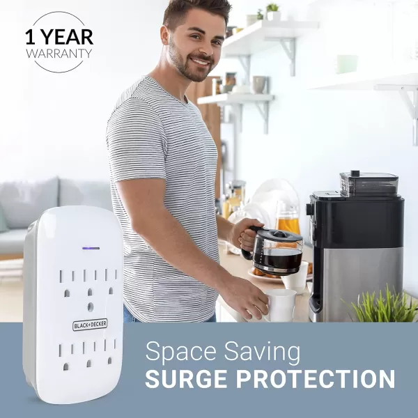 BLACK+DECKER Surge Protector Wall Mount with 6 Grounded Outlets, 2 Pack, White - Compact Power Adapter Tap with Indicator Light, Automatic Shutdown - 3-Prong Power Outlet Plug for Bathroom, Bedroom