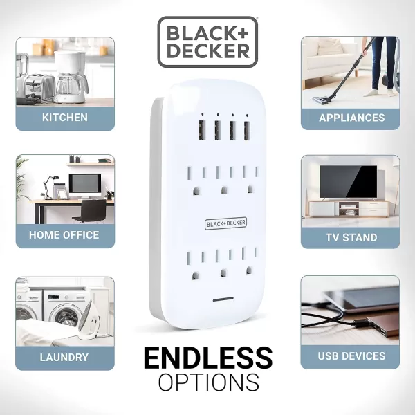 BLACK+DECKER Surge Protector Wall Mount with 6 Grounded Outlets, 2 Pack, White - Compact Power Adapter Tap with Indicator Light, Automatic Shutdown - 3-Prong Power Outlet Plug for Bathroom, Bedroom
