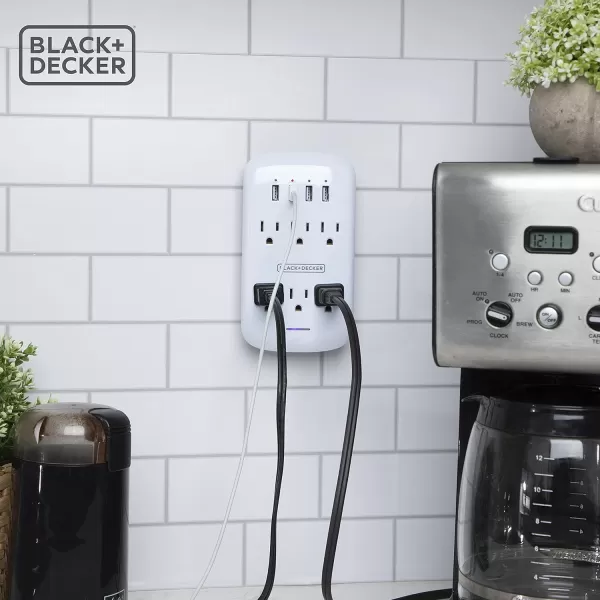 BLACK+DECKER Surge Protector Wall Mount with 6 Grounded Outlets, 2 Pack, White - Compact Power Adapter Tap with Indicator Light, Automatic Shutdown - 3-Prong Power Outlet Plug for Bathroom, Bedroom