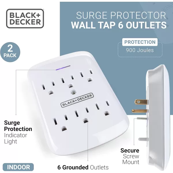 BLACK+DECKER Surge Protector Wall Mount with 6 Grounded Outlets, 2 Pack, White - Compact Power Adapter Tap with Indicator Light, Automatic Shutdown - 3-Prong Power Outlet Plug for Bathroom, Bedroom