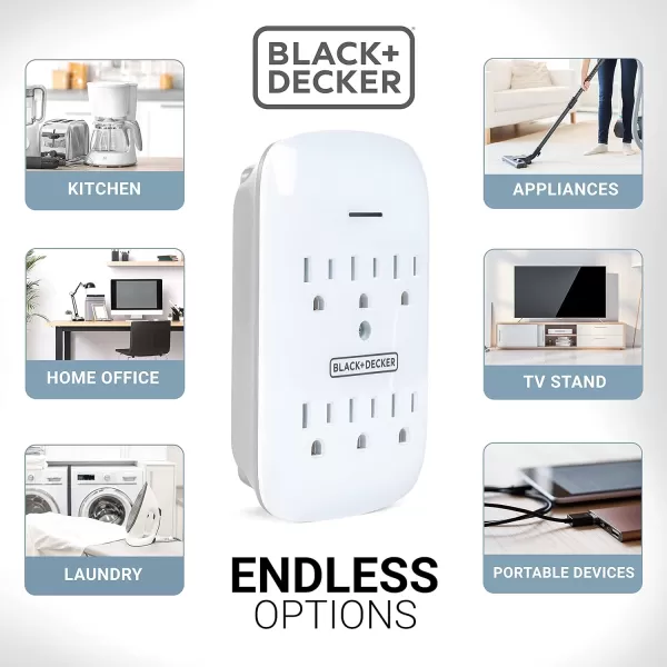 BLACK+DECKER Surge Protector Wall Mount with 6 Grounded Outlets, 2 Pack, White - Compact Power Adapter Tap with Indicator Light, Automatic Shutdown - 3-Prong Power Outlet Plug for Bathroom, Bedroom