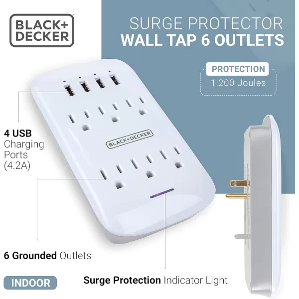 BLACK+DECKER Surge Protector Wall Mount with 6 Grounded Outlets, 2 Pack, White - Compact Power Adapter Tap with Indicator Light, Automatic Shutdown - 3-Prong Power Outlet Plug for Bathroom, Bedroom