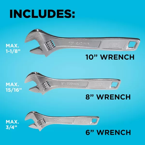 beyond by BLACK+DECKER Adjustable Wrench Set, 6-Inch, 8-Inch &amp; 10-Inch, 3-Pack 