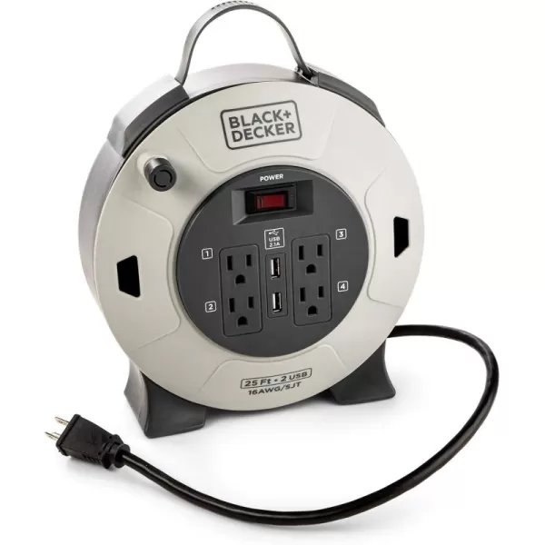 BLACK+DECKER 25 Ft. Retractable Extension Cord Reel With 4 Outlets, 2 USB Ports, Multi-Plug Extension, On/Off Switch &amp; Heavy-Duty 16AWG SJT Cable