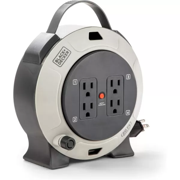 BLACK+DECKER 25 Ft. Retractable Extension Cord Reel With 4 Outlets, 2 USB Ports, Multi-Plug Extension, On/Off Switch &amp; Heavy-Duty 16AWG SJT Cable