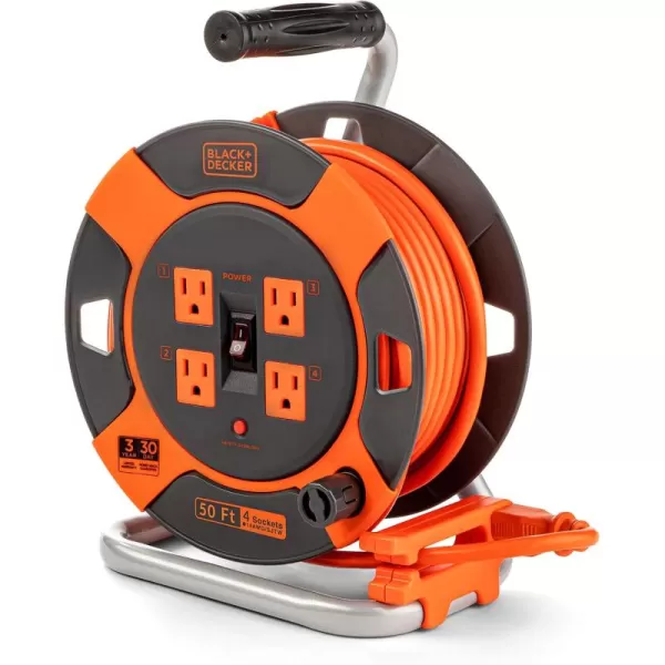 BLACK+DECKER 50 Ft. Retractable Extension Cord Reel With 4 Outlets, Multi-Plug Extension, Easy Handle Rewind &amp; Heavy-Duty 14AWG SJTW Cable