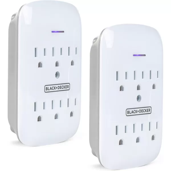 BLACK+DECKER Surge Protector Wall Mount with 6 Grounded Outlets, 2 Pack, White - Compact Power Adapter Tap with Indicator Light, Automatic Shutdown - 3-Prong Power Outlet Plug for Bathroom, Bedroom