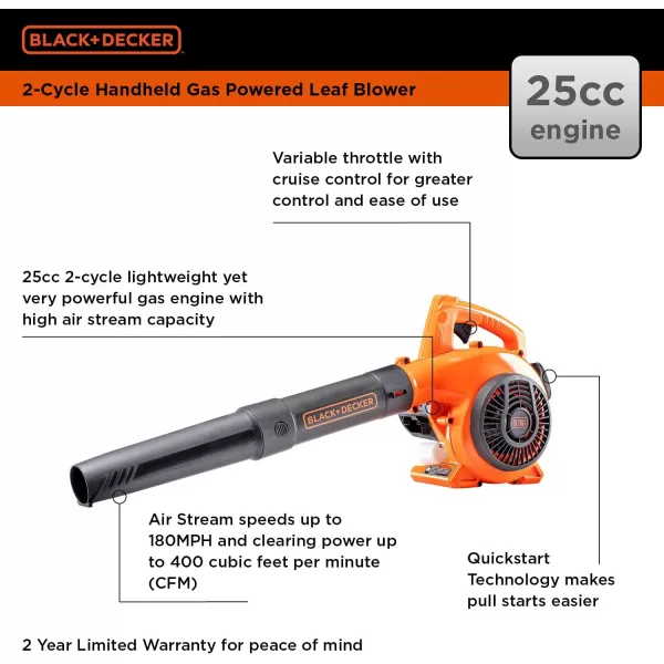 BLACK+DECKER Gas Powered Leaf Blower, Handheld Gas Blower, 180MPH, 25cc, 2-Cycle 