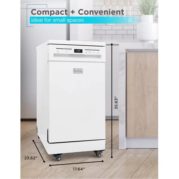 BLACK+DECKER 18” Portable Dishwasher, Compact Dish Washer with 8-Place Setting Capacity, Stainless Steel Tub, 6 Wash Programs, Worktop Space, Mobile Dishwasher with Casters, Faucet Connect, White