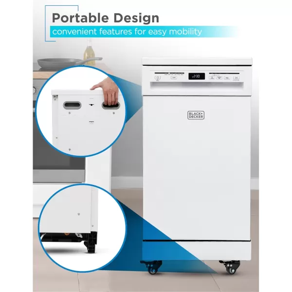 BLACK+DECKER 18” Portable Dishwasher, Compact Dish Washer with 8-Place Setting Capacity, Stainless Steel Tub, 6 Wash Programs, Worktop Space, Mobile Dishwasher with Casters, Faucet Connect, White