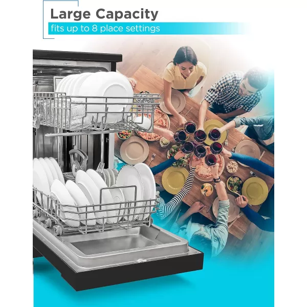 PORTABLE DISHWASHER ON WHEELS 18” WITH WORKTOP SPACE 8 PLACE-SETTING CAPACITY STAINLESS STEEL WITH FAUCET CONNECT BLACK+DECKER