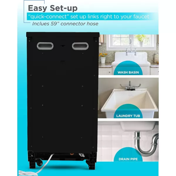 PORTABLE DISHWASHER ON WHEELS 18” WITH WORKTOP SPACE 8 PLACE-SETTING CAPACITY STAINLESS STEEL WITH FAUCET CONNECT BLACK+DECKER