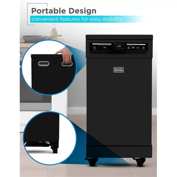 PORTABLE DISHWASHER ON WHEELS 18” WITH WORKTOP SPACE 8 PLACE-SETTING CAPACITY STAINLESS STEEL WITH FAUCET CONNECT BLACK+DECKER