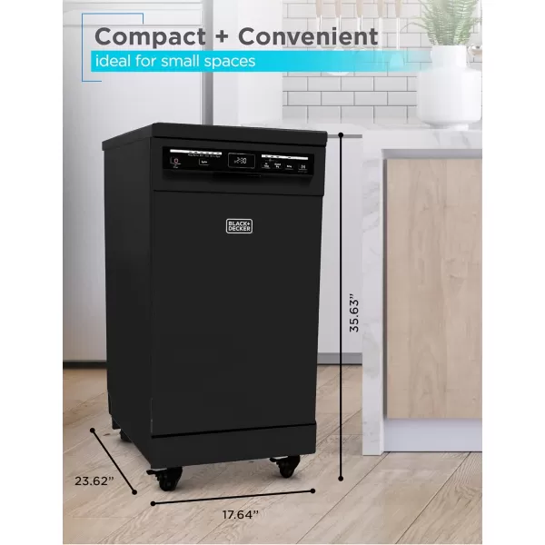 PORTABLE DISHWASHER ON WHEELS 18” WITH WORKTOP SPACE 8 PLACE-SETTING CAPACITY STAINLESS STEEL WITH FAUCET CONNECT BLACK+DECKER