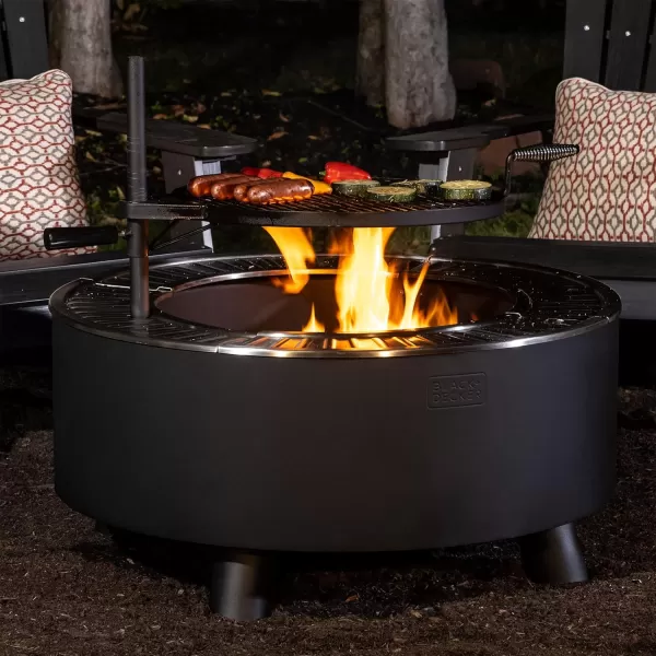 BLACK + DECKER 34" D Smokeless Wood Burning Steel Fire Pit with Grill &amp; Searing Plate Black Powder Coated Steel Outdoor Firebowl Includes Detachable Grill &amp; Poker Backyard Grilling &amp; Camping Fire Pit