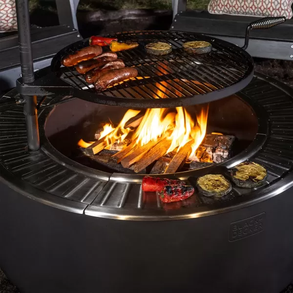 BLACK + DECKER 34" D Smokeless Wood Burning Steel Fire Pit with Grill &amp; Searing Plate Black Powder Coated Steel Outdoor Firebowl Includes Detachable Grill &amp; Poker Backyard Grilling &amp; Camping Fire Pit