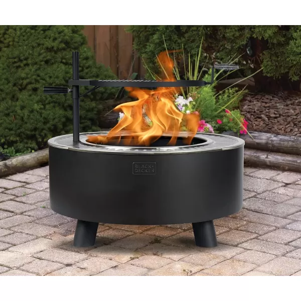 BLACK + DECKER 34" D Smokeless Wood Burning Steel Fire Pit with Grill &amp; Searing Plate Black Powder Coated Steel Outdoor Firebowl Includes Detachable Grill &amp; Poker Backyard Grilling &amp; Camping Fire Pit
