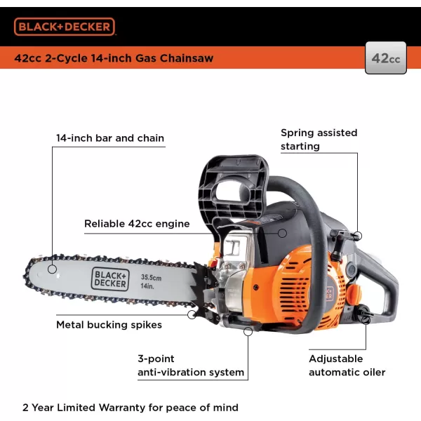 imageBLACKDECKER Gas Powered Chainsaw 14inch 42cc 2Cycle BXGCS1442P14Inch