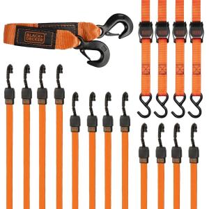 imageBLACKDECKER BDX1017 17Piece Tie Down Kit with 14 Tow Rope 1quot x 10 Deluxe CamBuckle Straps and 24quot 36quot Premium Flat Strap BungeesBDX1016