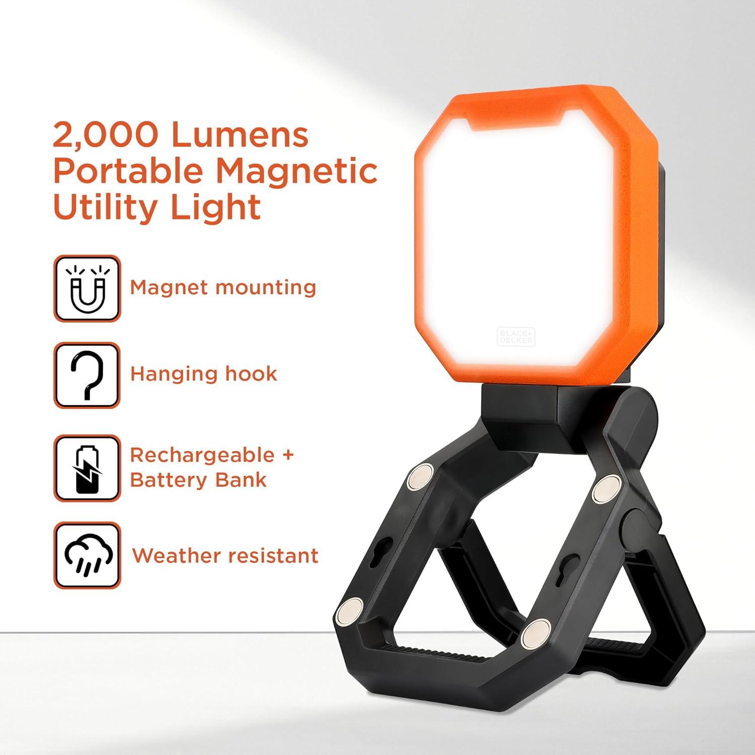 imageBLACKDECKER 2000LM Portable LED Utility Light 3 Brightness Levels Emergency Flash Magnetic Design with Folding Stand USB Rechargeable Power Bank IP65 WeatherResistant for Camping Work DIY