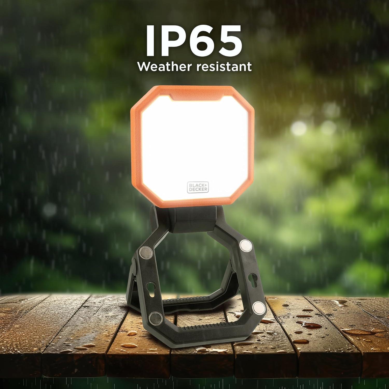 imageBLACKDECKER 2000LM Portable LED Utility Light 3 Brightness Levels Emergency Flash Magnetic Design with Folding Stand USB Rechargeable Power Bank IP65 WeatherResistant for Camping Work DIY